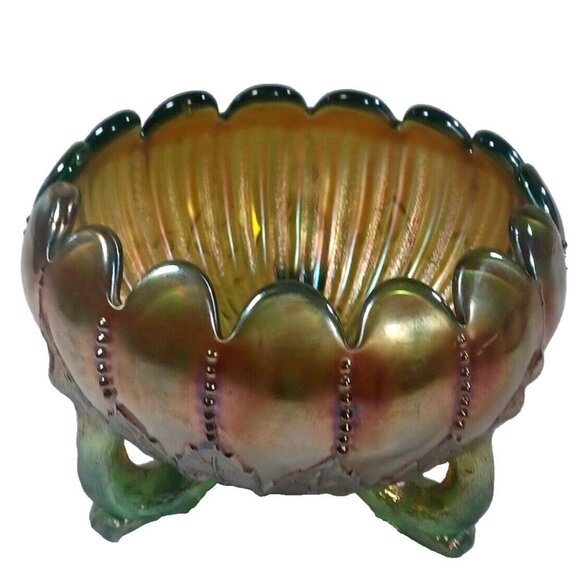 Vintage Northwood Aqua Opal Carnival Glass Leaf & Beads Footed Rose Bowl - Picture 5 of 16